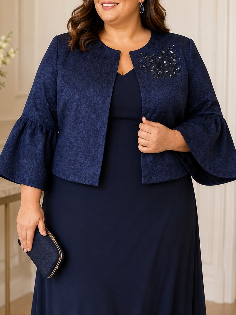 Marina Rinaldi Persona Navy Jacquard Embellished Evening Jacket